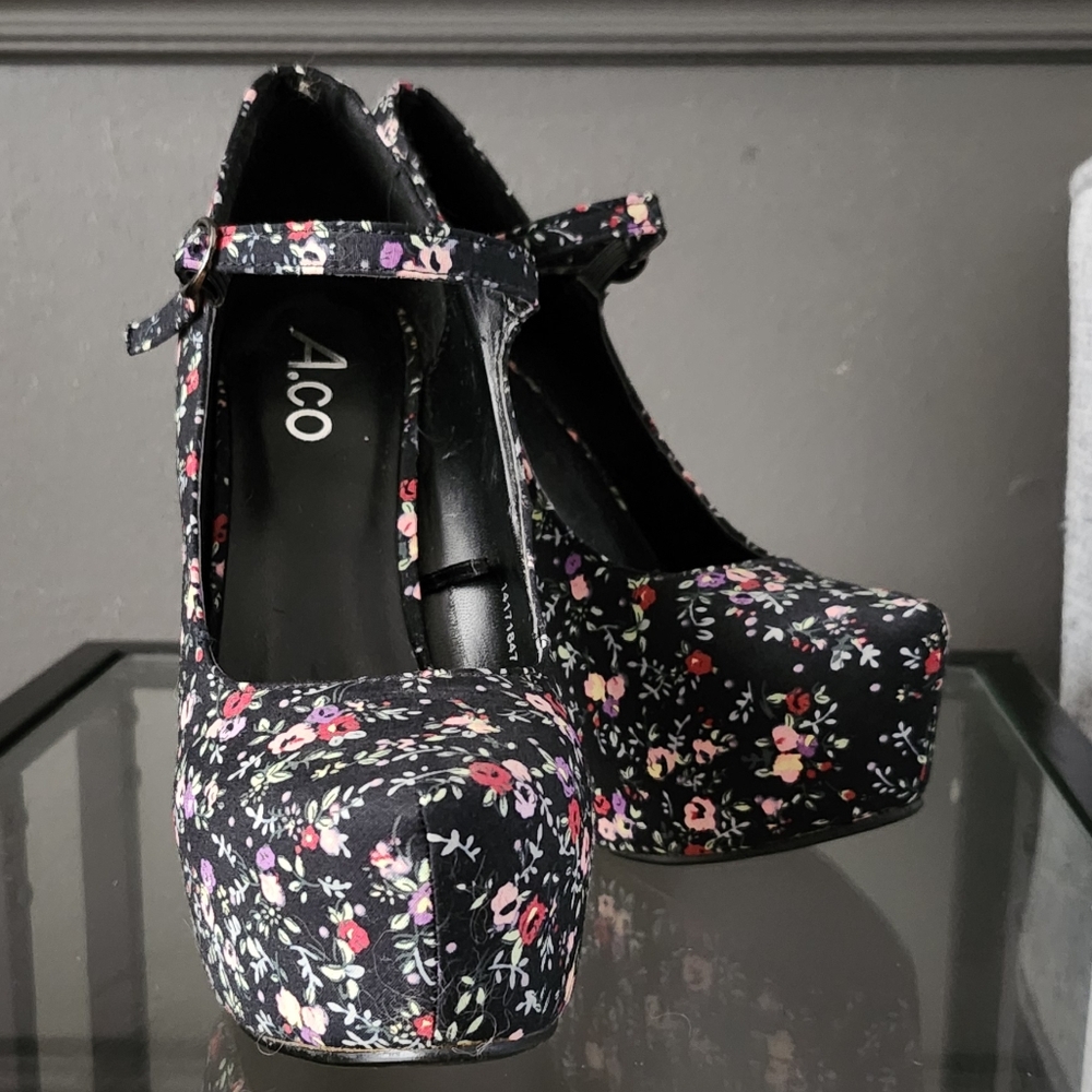Black Floral Platform Heels